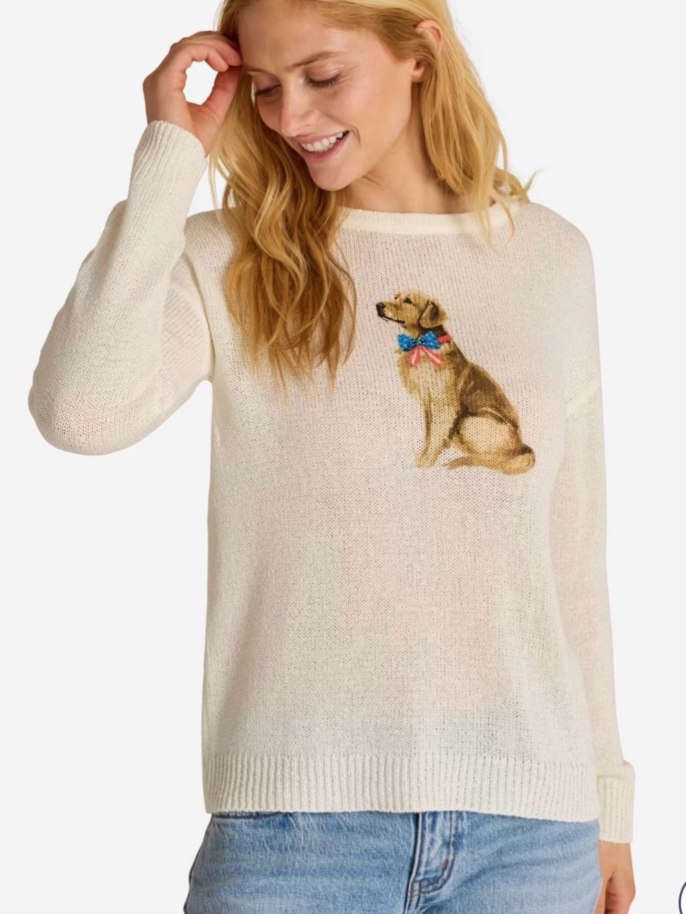 Cream Crewneck Sweater with Dog Motif